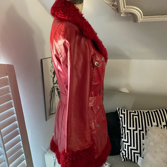 Vintage Berto Lucci Creazione  Fur Trimmed Red Leather Jacket - Picture 5 of 16